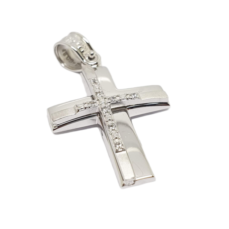 Λευκόχρυσος σταυρός κ14 με έξτρα λευκόχρυσο σταυρό με καρφωμένα ζιργκόν (code A1699)